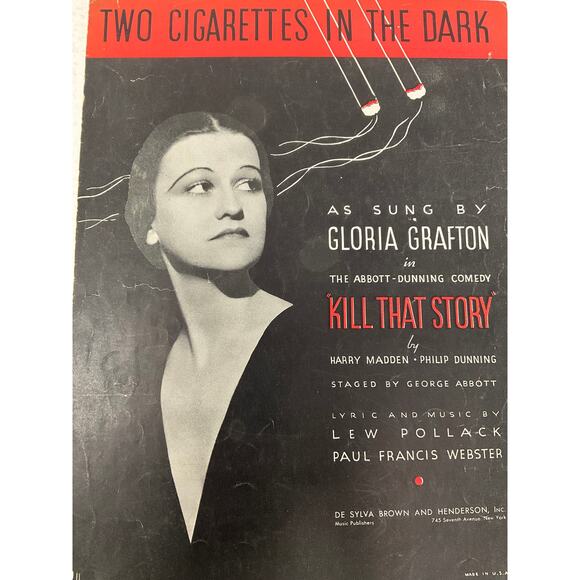 Two Cigarettes In The Dark Sheet Music 1934 Gloria Grafton Kill That Story - Picture 2 of 5